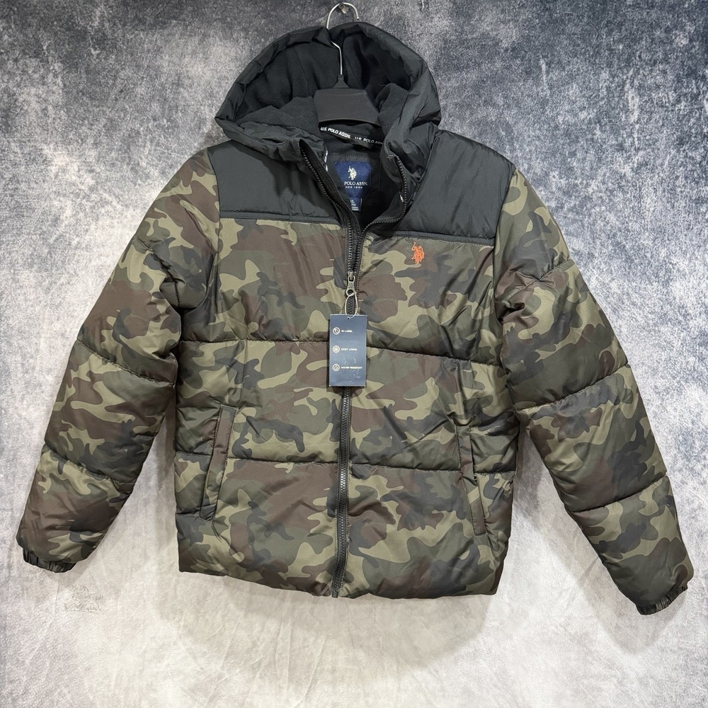 u.s. polo assn. Boys Camo Green Full Zip Hooded Puffer Coat XL Water Resistant